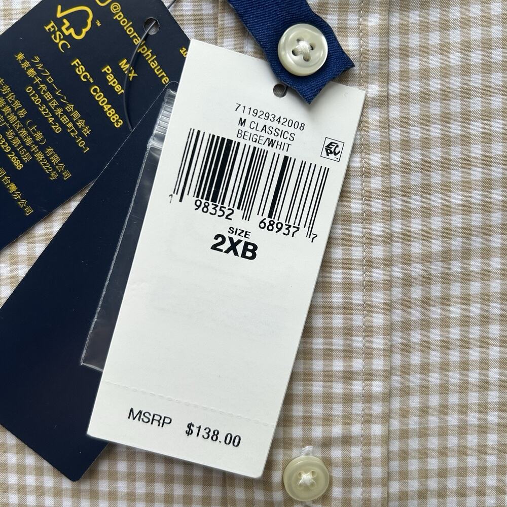 Polo Ralph Lauren Men Long Sleeve Beige White Button Down Shirt Pony Mens 2XB - Picture 4 of 6